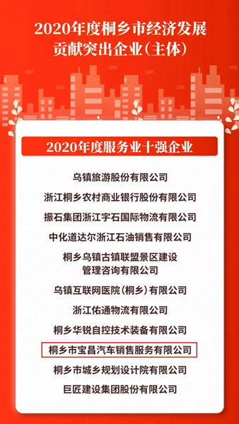 金昌汽車下屬桐鄉寶昌獲評服務業十強企業